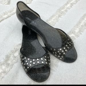 Adorable studded Jimmy Choo peep toe jelly flats.